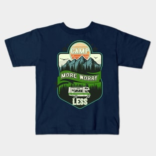 Camp more worry less, RV Camping Club vintage funny , retro landscape RV camping Kids T-Shirt